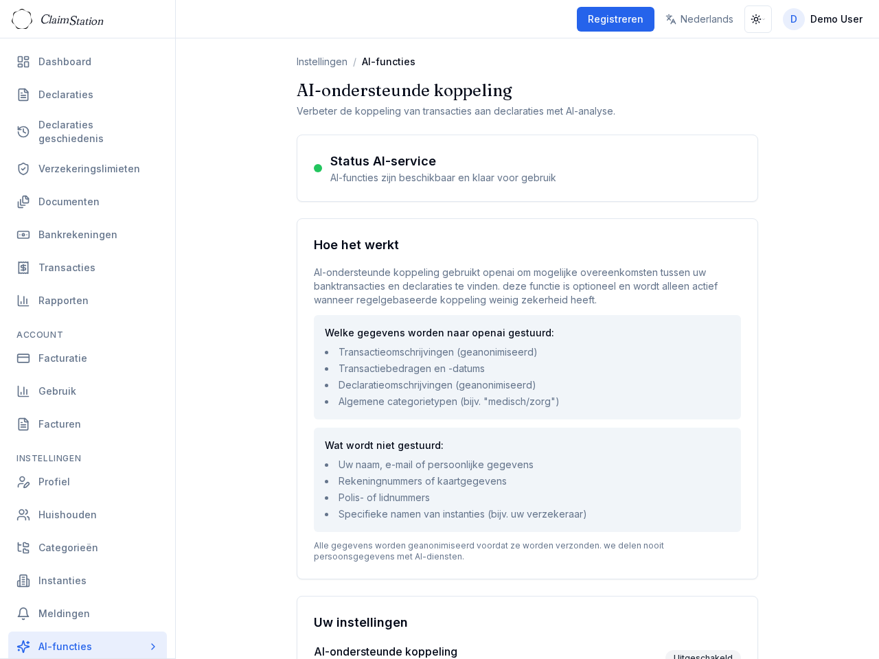 ClaimStation AI-functies instellingen